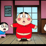 **

A humorous scene depicting Shinchan (Crayon Shin-chan) in a typical mischievous situation. The style should be reminiscent of traditional 2D animation, bright colors, and clearly showcasing Japanese cultural elements like a traditional house or school setting. Emphasize the character's playful and somewhat naughty personality.

**