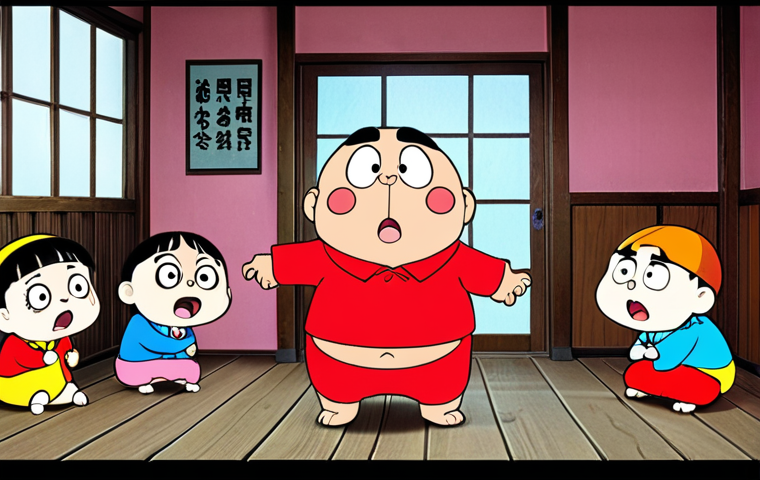 **
A humorous scene depicting Shinchan (Crayon Shin-chan) in a typical mischievous situation. The style should be reminiscent of traditional 2D animation, bright colors, and clearly showcasing Japanese cultural elements like a traditional house or school setting. Emphasize the character's playful and somewhat naughty personality.
**
