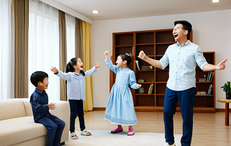 **
A group of children and parents joyfully singing and dancing to Shinchan songs in a brightly lit living room. Everyone is fully clothed in modest, everyday attire. The scene exudes happiness and family fun. Safe for work, appropriate content, family-friendly, perfect anatomy, natural proportions, professional photography.
**