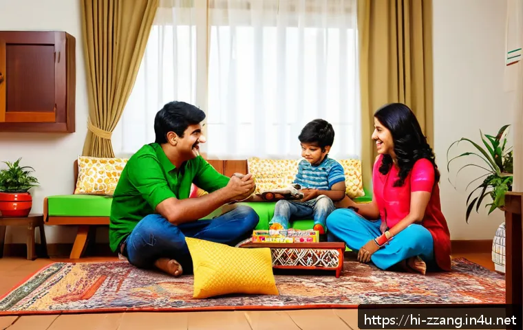 짱구의 국내 인기도와 이유 - A lively and colorful family living room scene featuring a playful young boy in casual clothes and c...